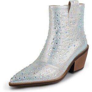 ✨ Isnom Ankle Boots Women Silver Rhinestone Sparkly Pointed Toe Chunky Heel Boot